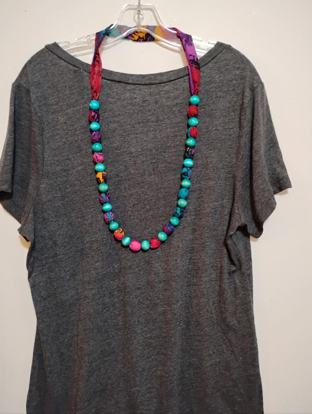 Colorful Beaded Necklace Soft Fabric And Wooden Beads Tie To Adjust Purple Blue